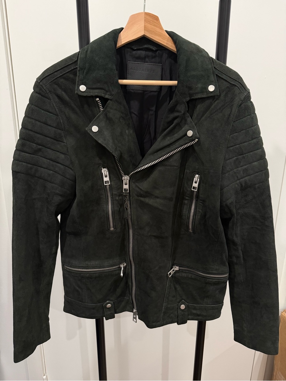 AllSaints Men's Dark Green Suede Biker Jacket